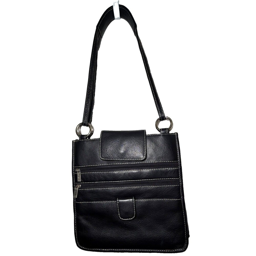 Biacci Black Genuine Leather Organizer Shoulder Bag Multi Pocket Contrast Stitch